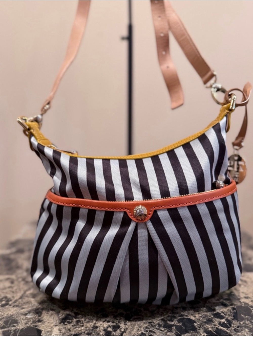 henri bendel Black and White Striped Shoulder Bag with Coral and Mustard Trim